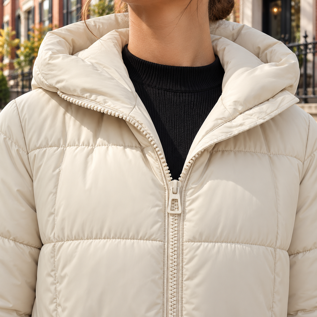 Close-up of the puffer jackets showing the collar and fabric texture.