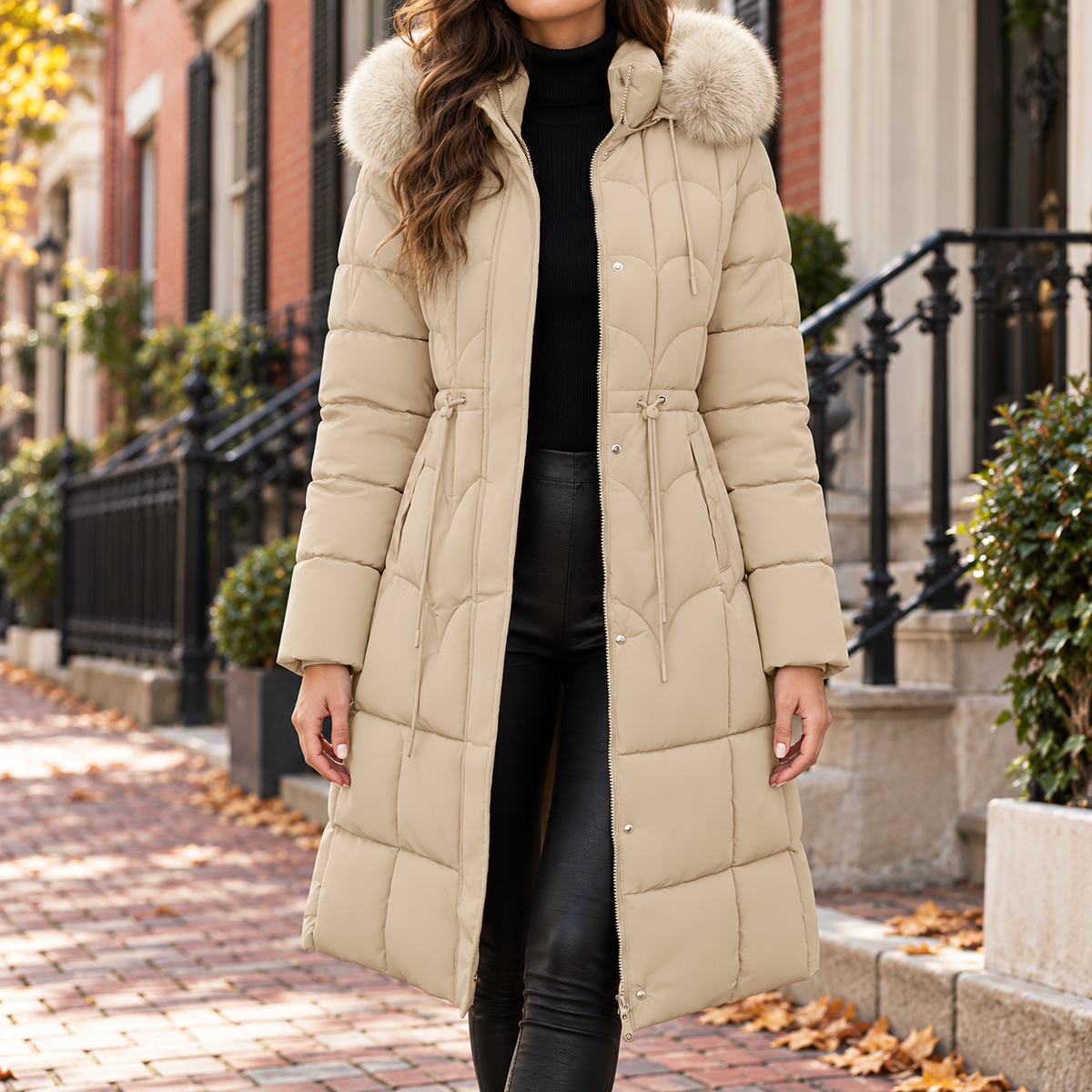 Beige puffer jackets worn on a Washington DC street.