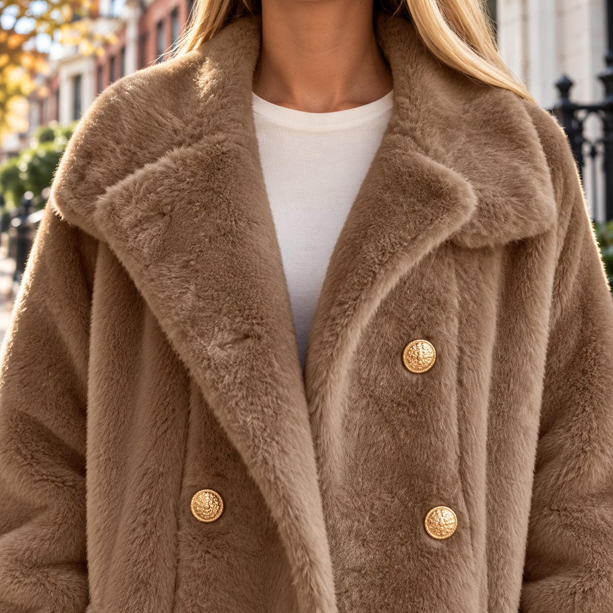 Close-up of the overcoats showing the collar and fabric texture.