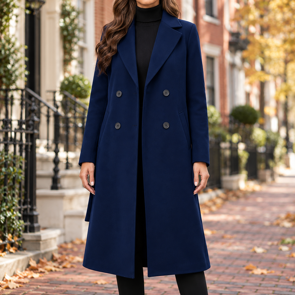 Navy trench coat worn on a Washington DC street.