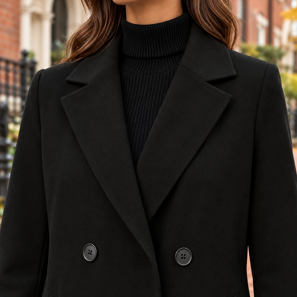 Close-up of the trench coat showing the collar and fabric texture.