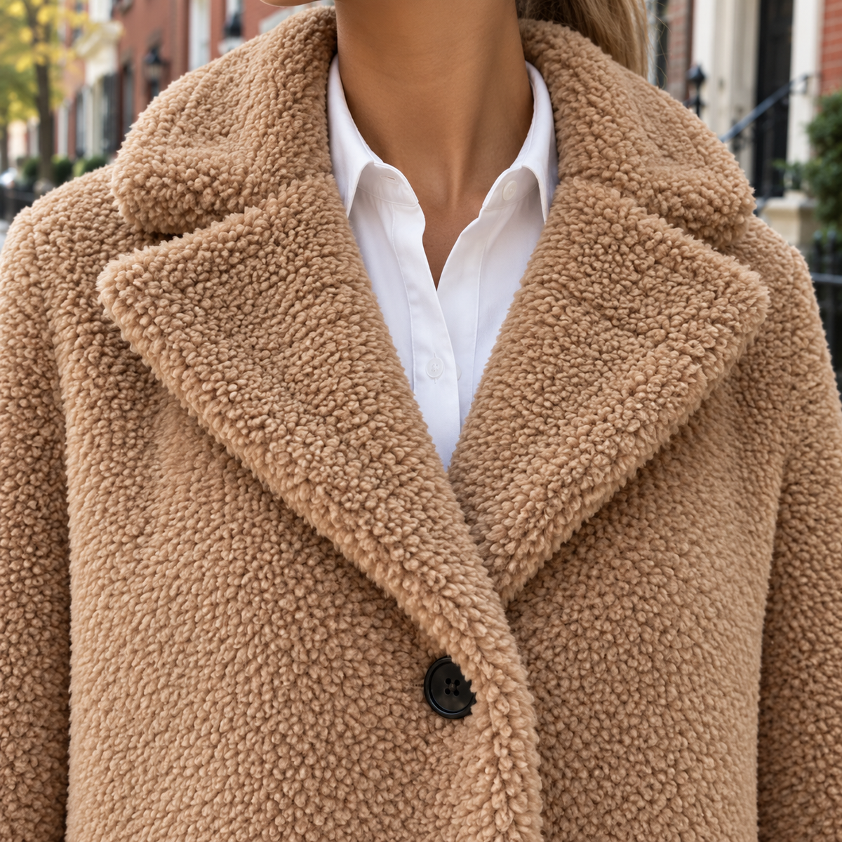 Close-up of the overcoats showing the collar and fabric texture.