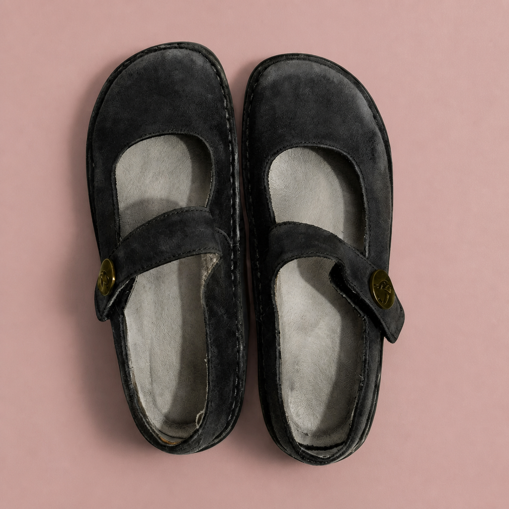 Black Mary Jane shoes with cross straps and round buttons, viewed from above.