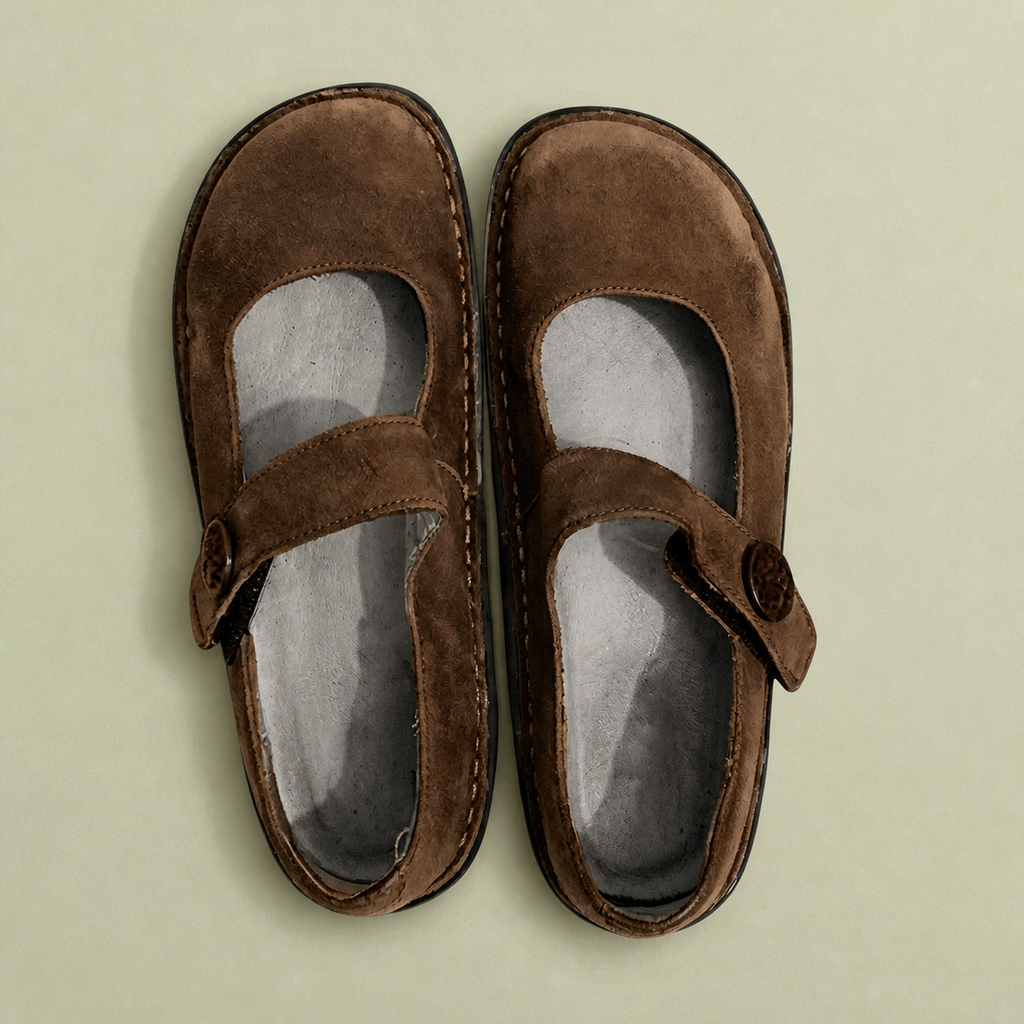 Brown Mary Jane shoes with cross straps, viewed from above.