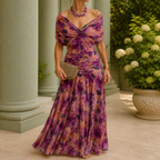 Full length purple and orange floral printed maxi dress