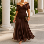 Full length plain dark brown draped maxi dress