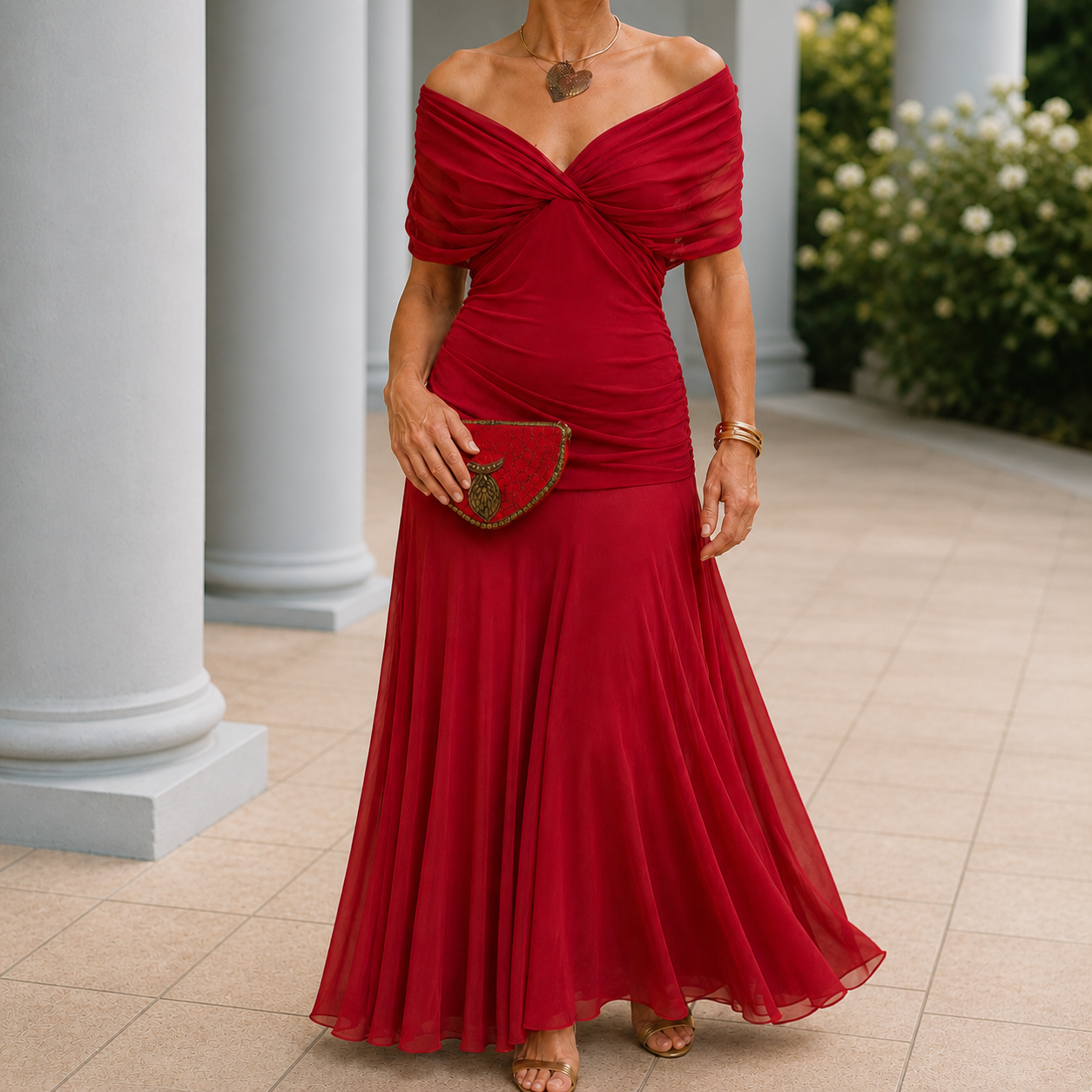 Full length plain red draped maxi dress