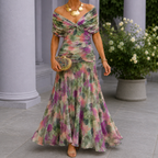 Full length green and purple multicolor printed maxi dress