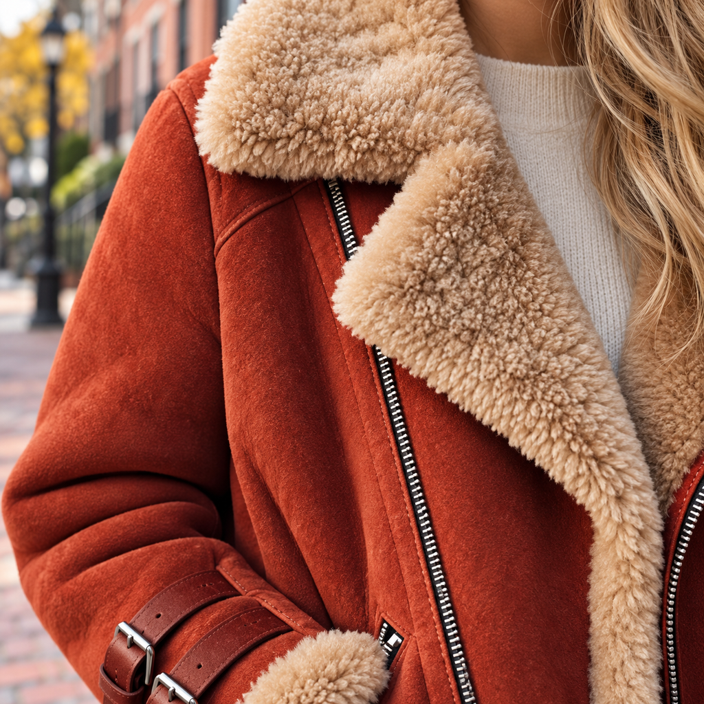 Close-up of womens oversized biker jacket showing the collar, fastening and material texture.