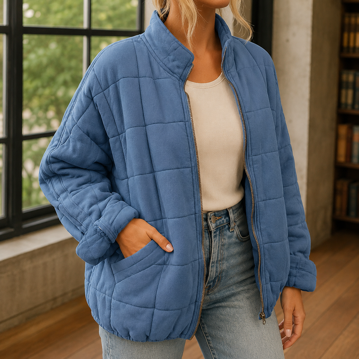 Blue oversized quilted jacket with a zip front.