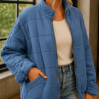 Detail of the blue jacket's square quilting and finish.