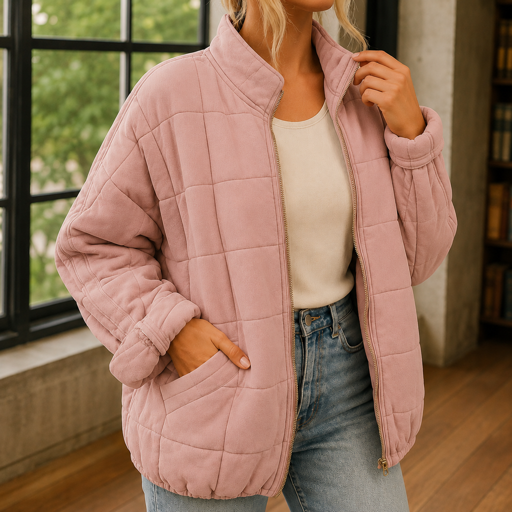Pink oversized quilted jacket with a zip front.