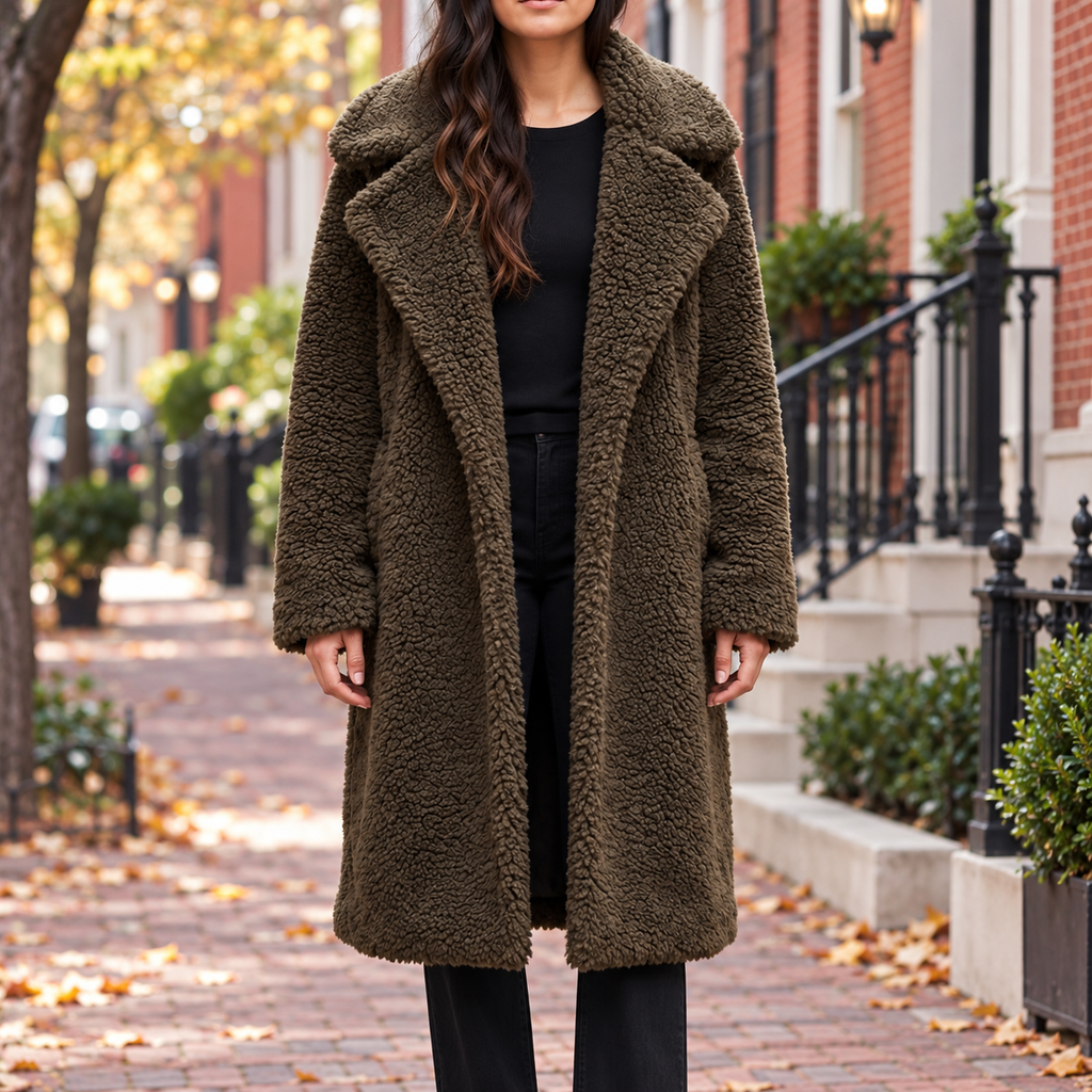 Espresso overcoats worn on a Washington DC street.
