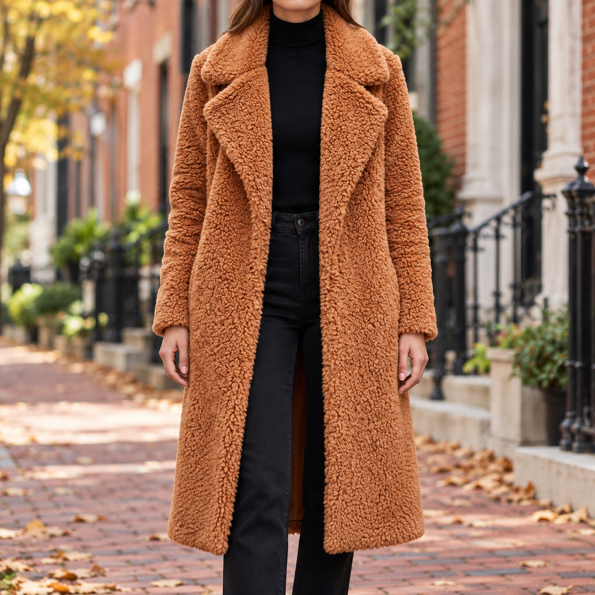 Cinnamon overcoats worn on a Washington DC street.