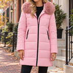 Pink puffer jackets worn on a Washington DC street.