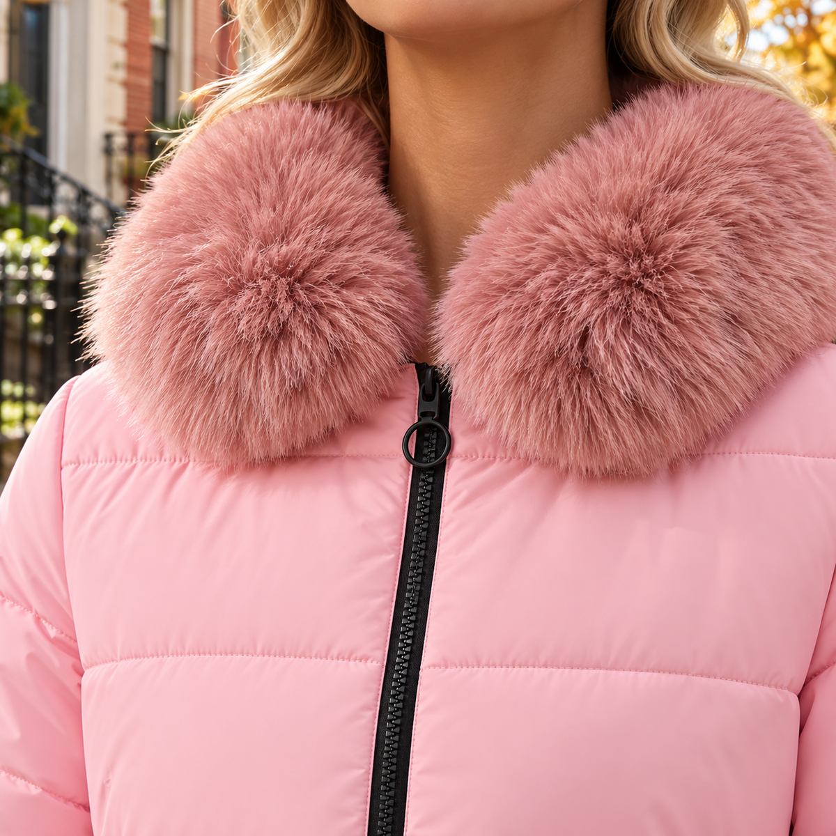 Close-up of the puffer jackets showing the collar and fabric texture.