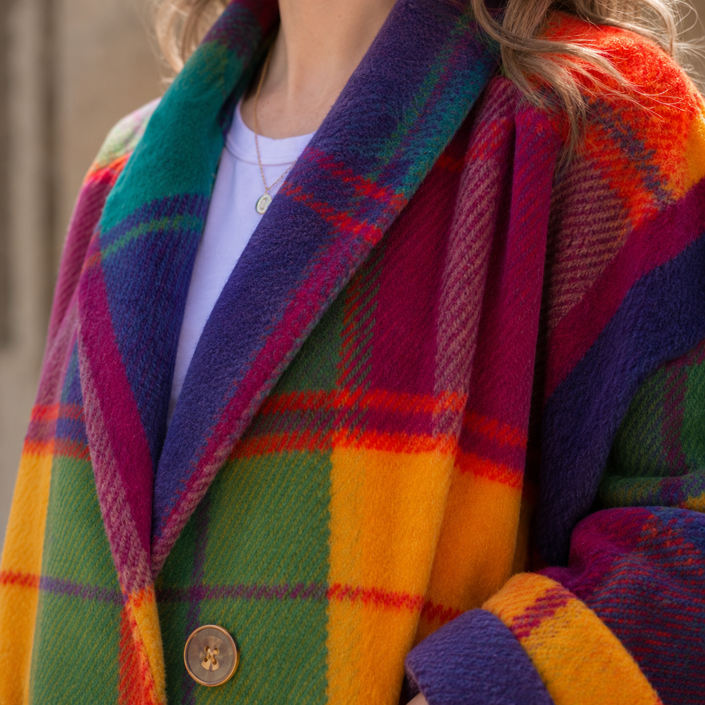 Close view of the multicolor plaid jacket showing the bold check pattern, lapels and pocket.