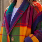 Close view of the multicolor plaid jacket showing the bold check pattern, lapels and pocket.