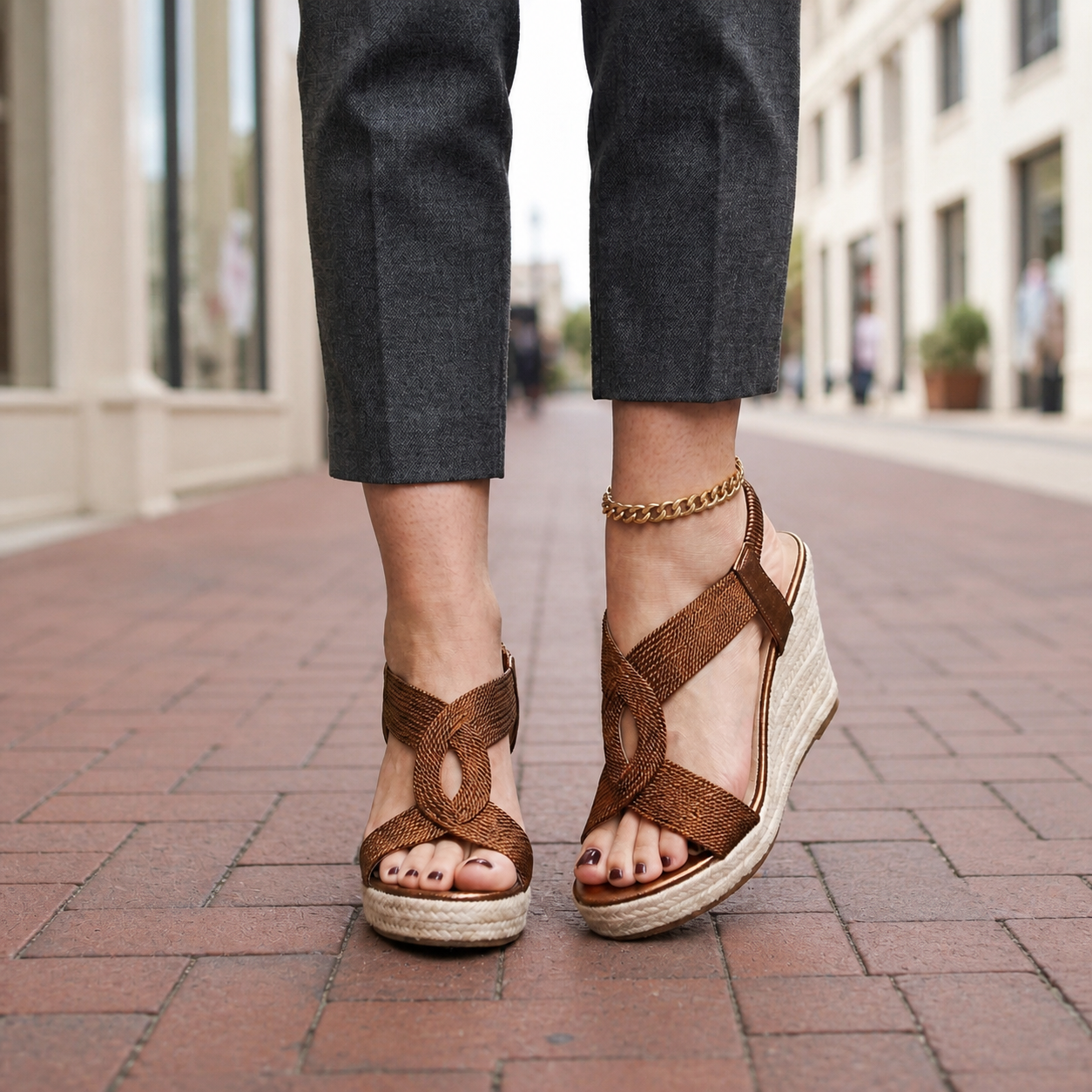 Bronze brown pair of wedge platform sandals