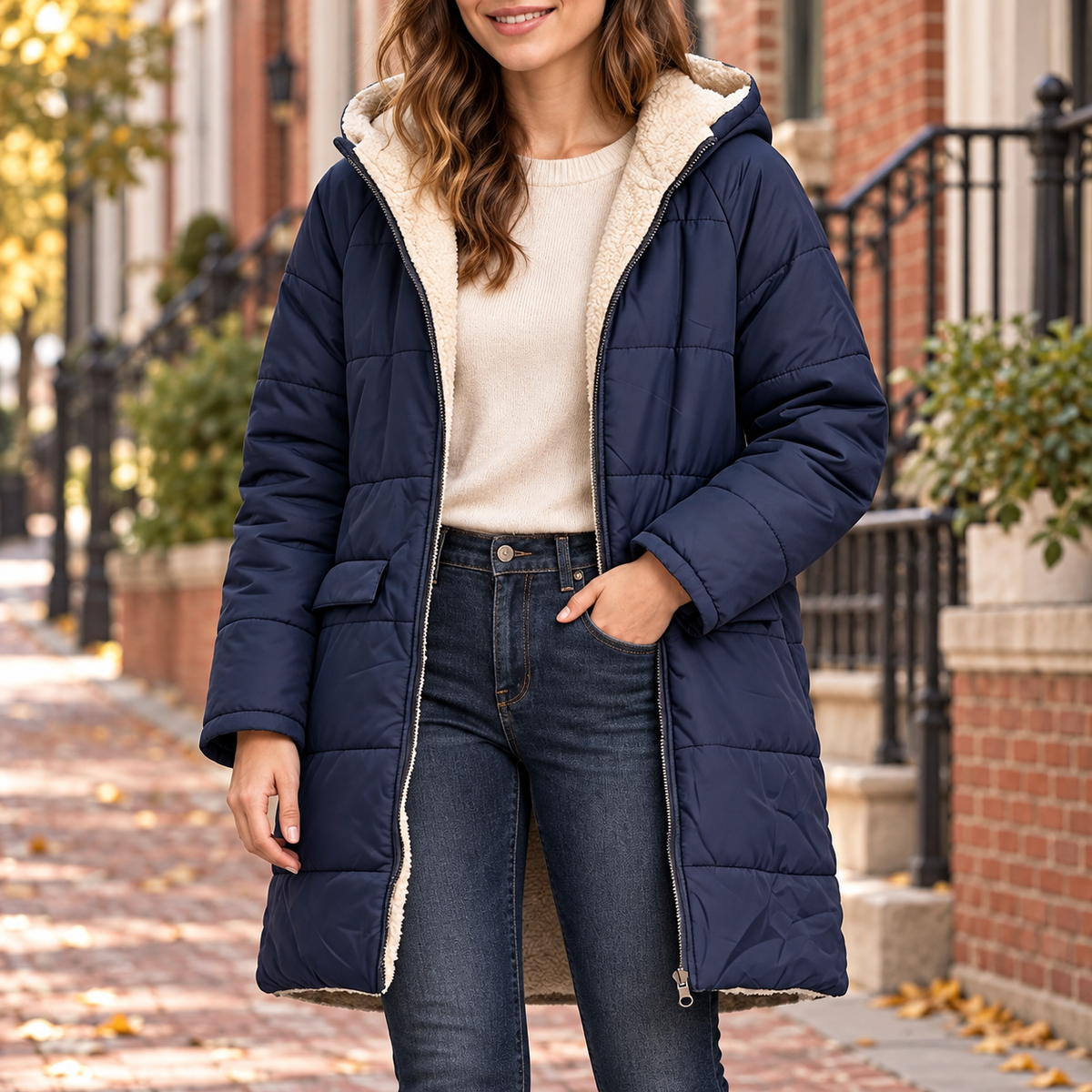 Navy quilted parka worn on a Washington DC street.