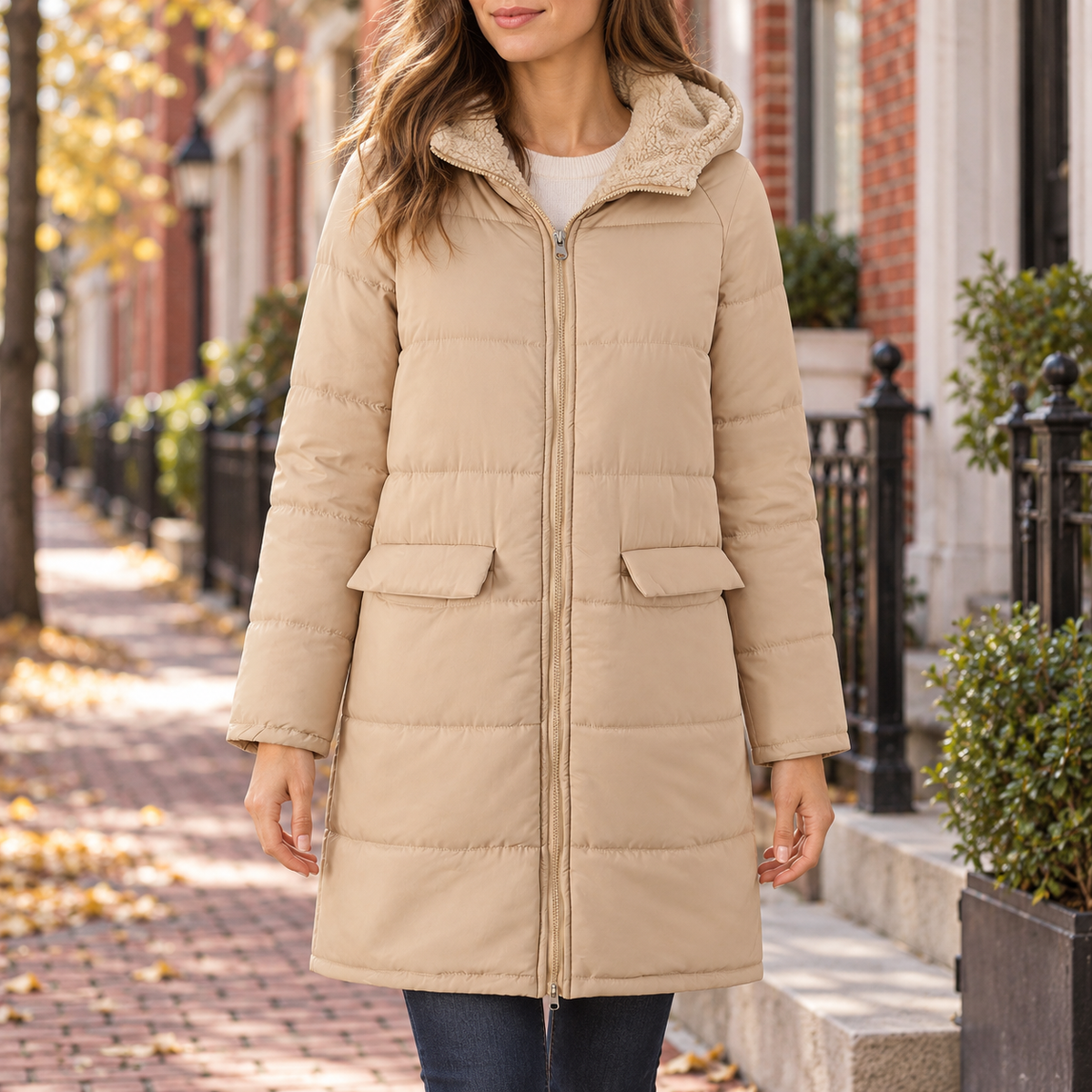 Beige quilted parka worn on a Washington DC street.