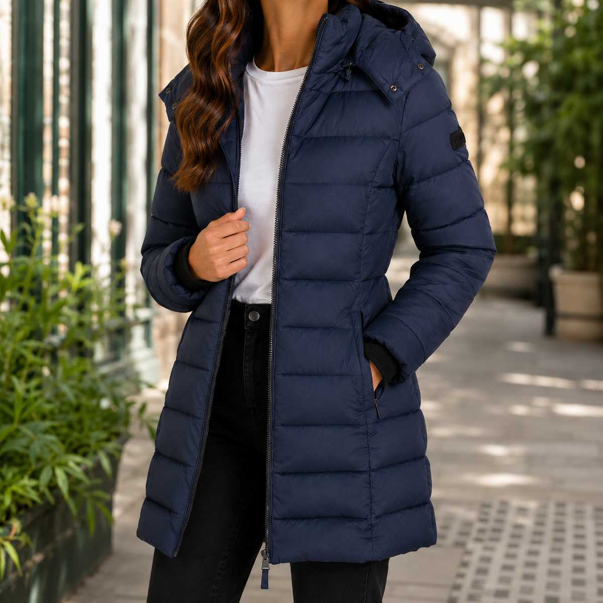 Navy quilted jacket with a hood and longline fit worn over a white top.