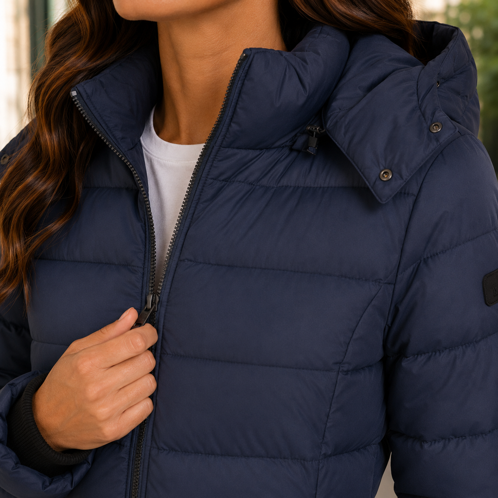 Close view of the navy quilted jacket showing the hood, padding and zip front.