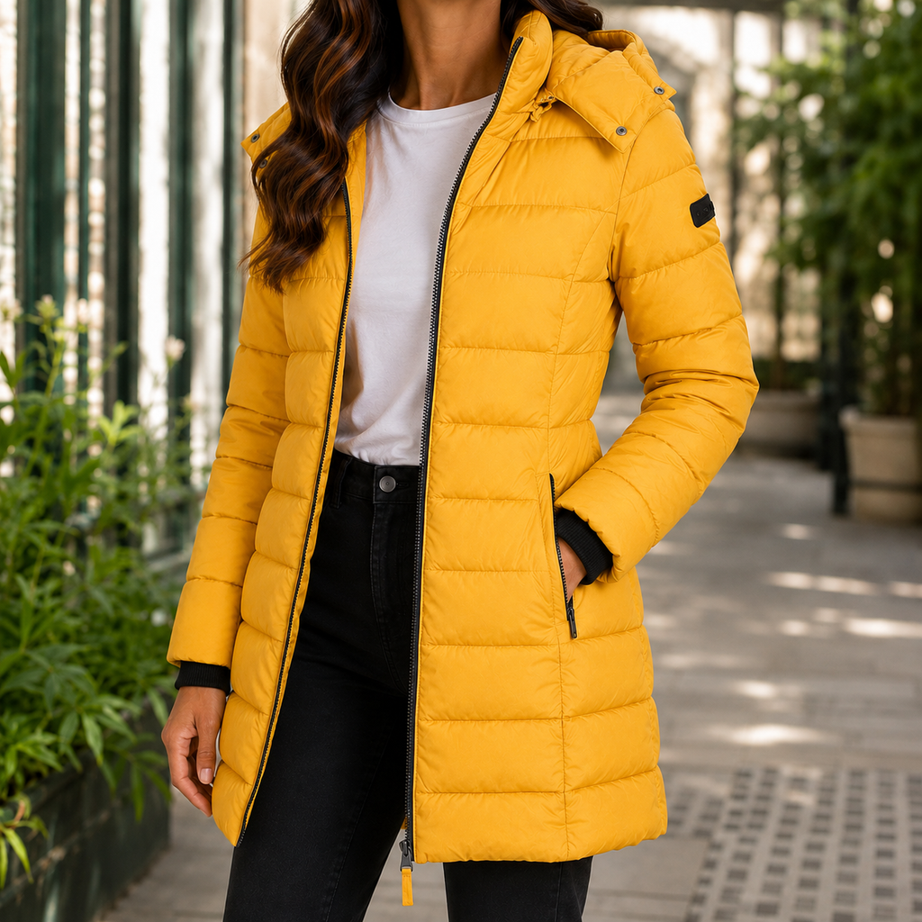 Yellow quilted hooded jacket with a longline fit on a model.