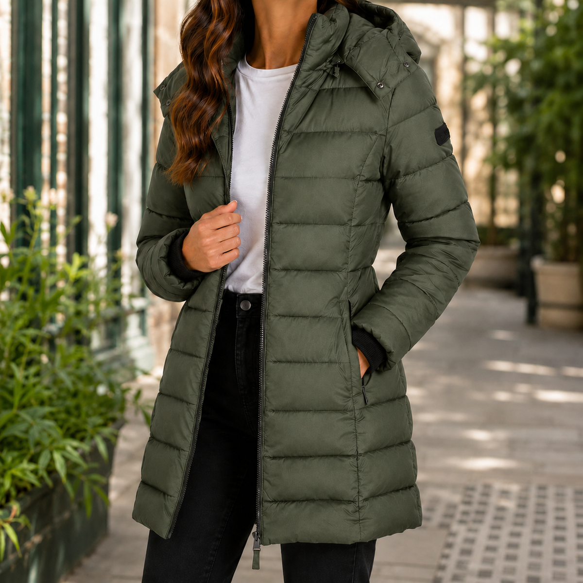 Green quilted hooded jacket with a longline fit on a model.