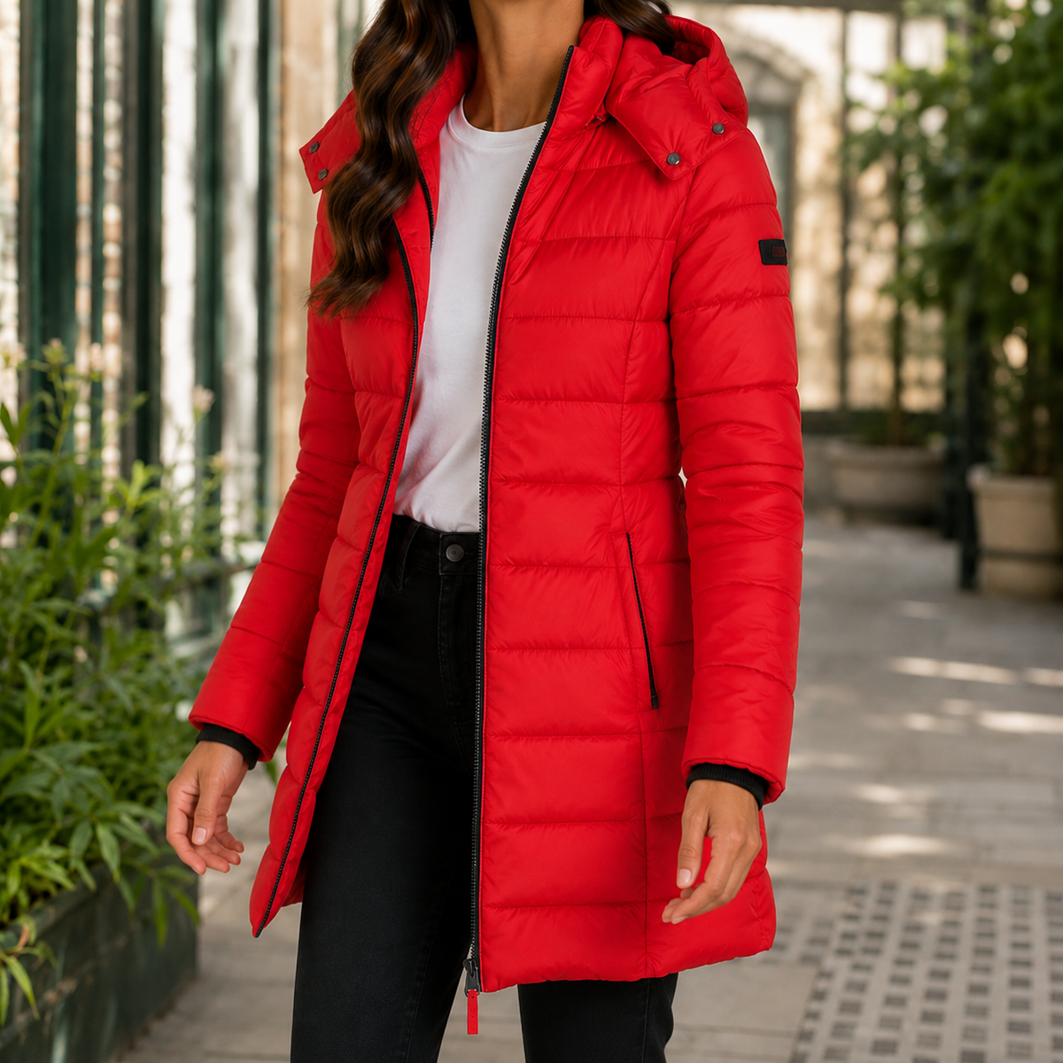 Red quilted hooded jacket with a longline fit on a model.