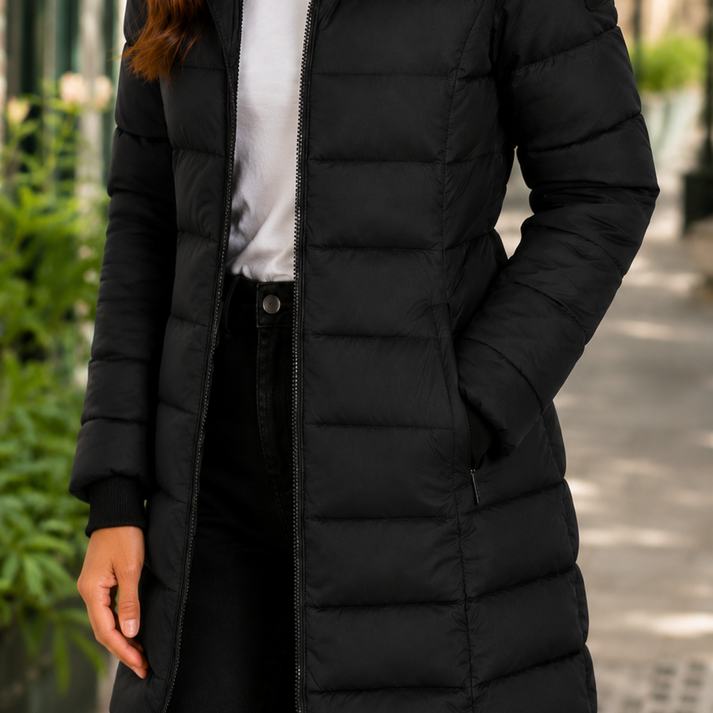 Black quilted hooded jacket with a longline fit on a model.