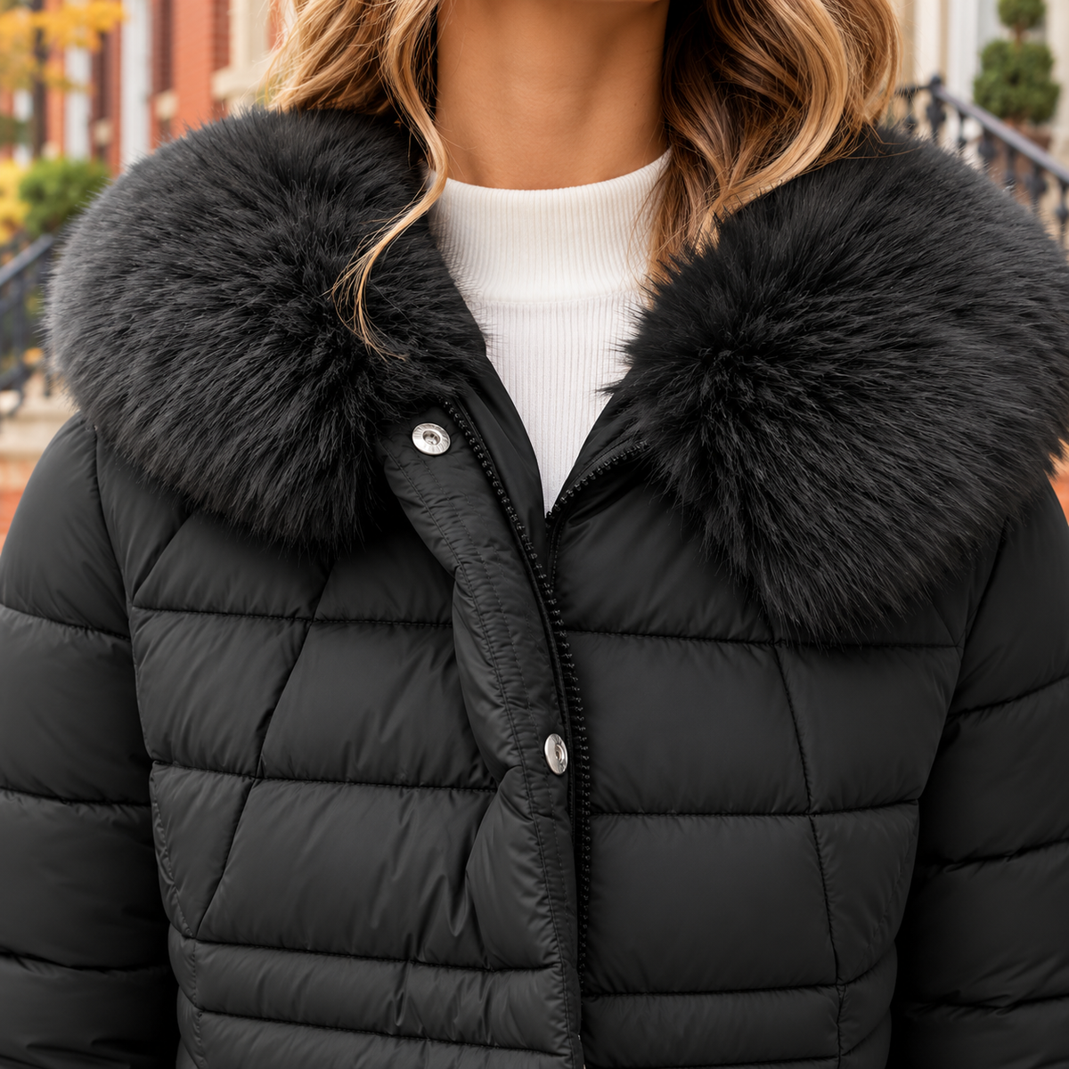Close-up of the puffer jackets showing the collar and fabric texture.