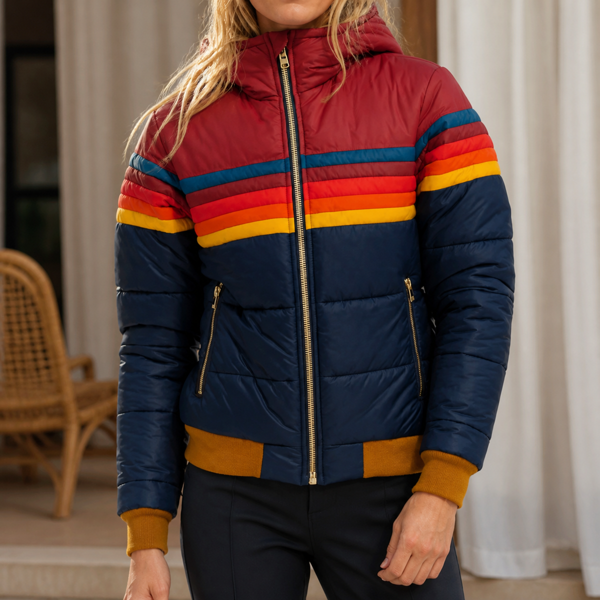 Dark blue cropped puffer jacket with rainbow chest stripes.