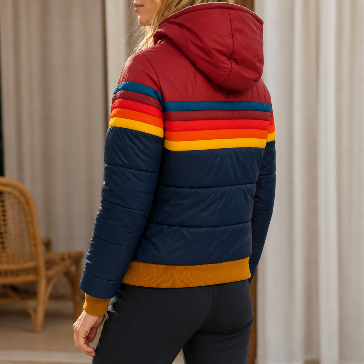 Alternate view of the dark blue rainbow stripe puffer jacket.