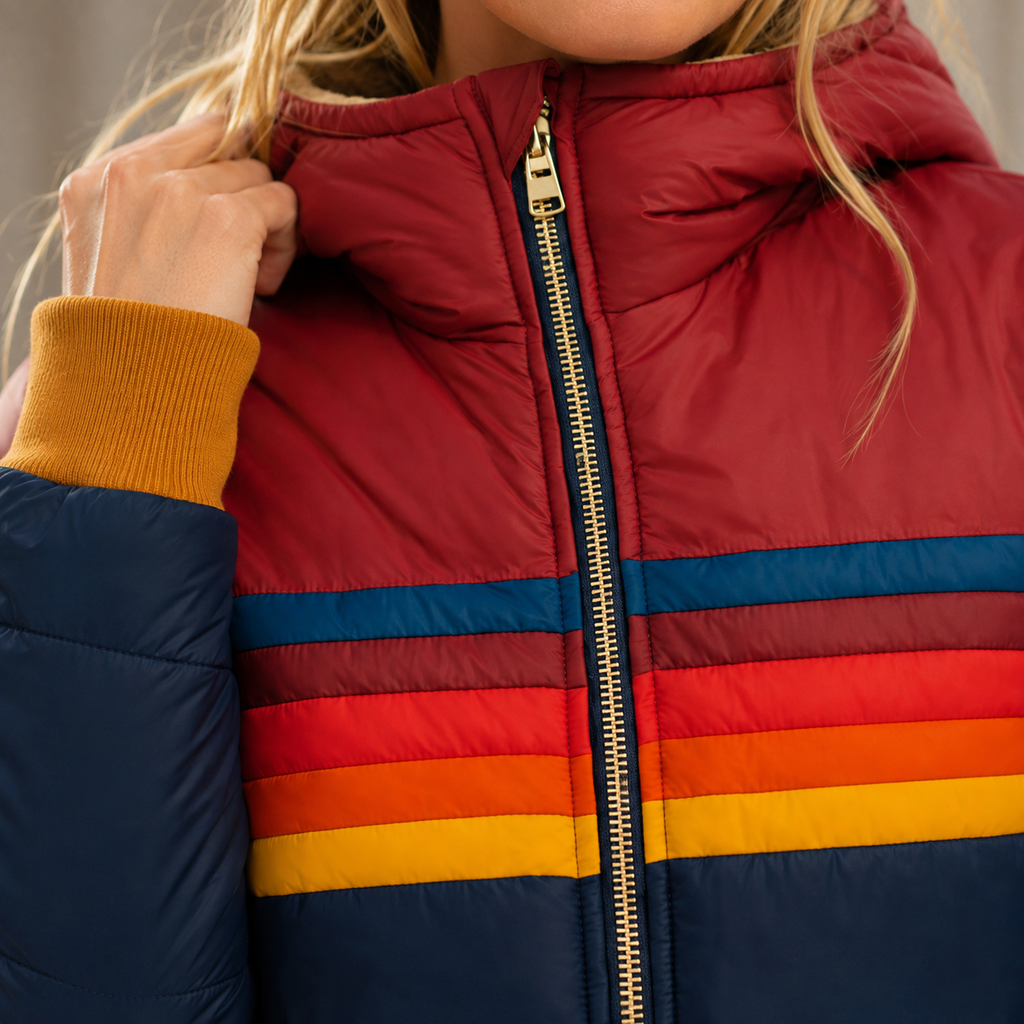 Detail of the dark blue jacket's colorful chest stripes and zip.