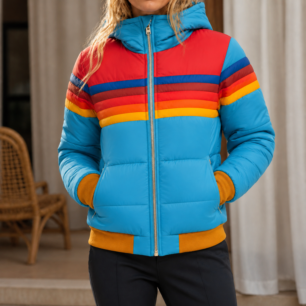 Bright blue cropped puffer jacket with rainbow chest stripes.