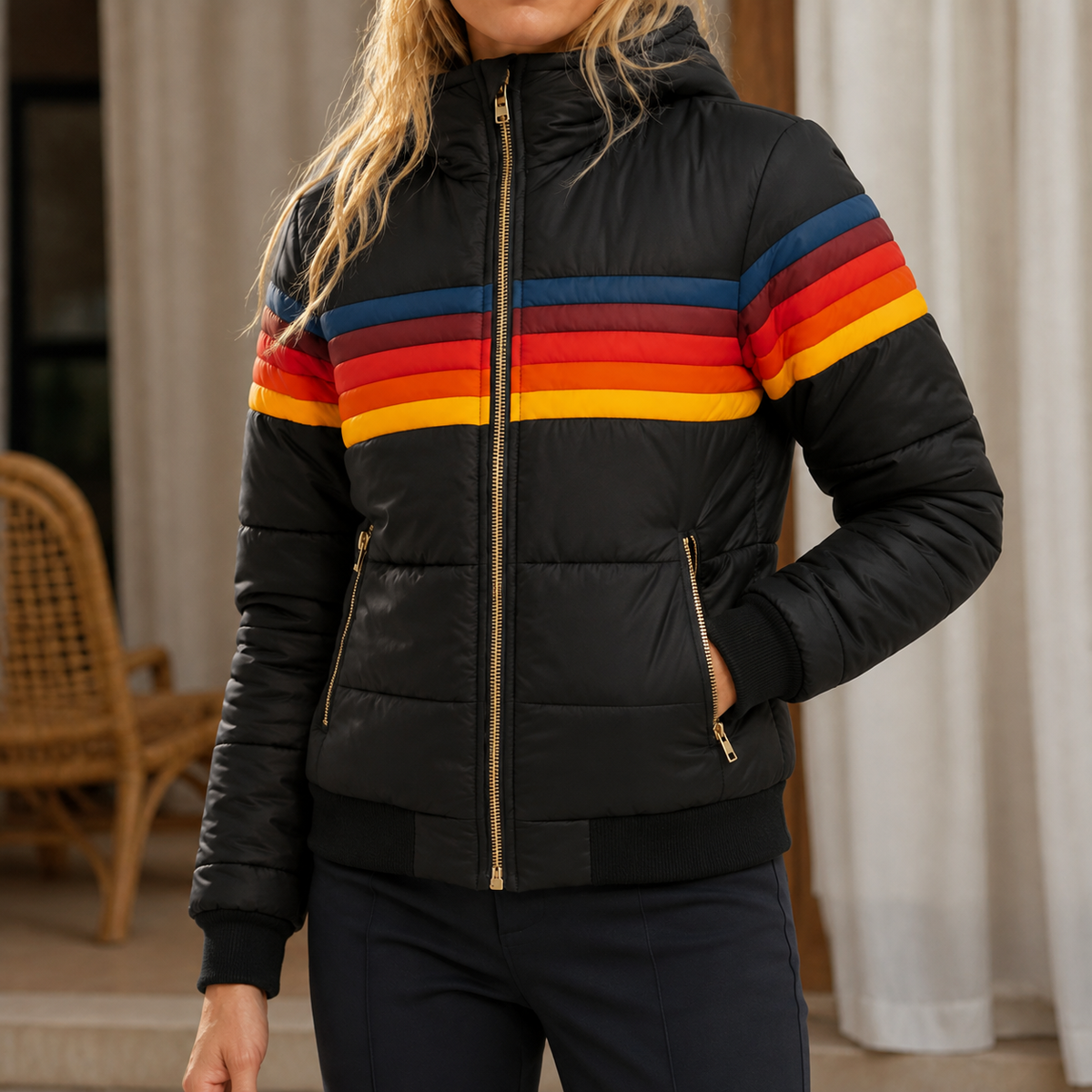 Black cropped puffer jacket with rainbow chest stripes.