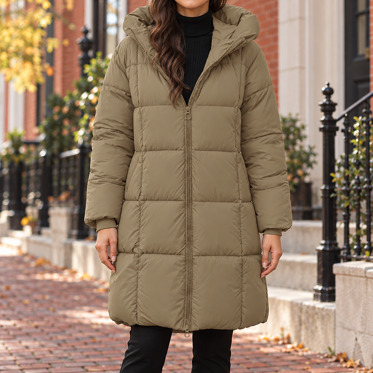 Beige puffer jackets worn on a Washington DC street.