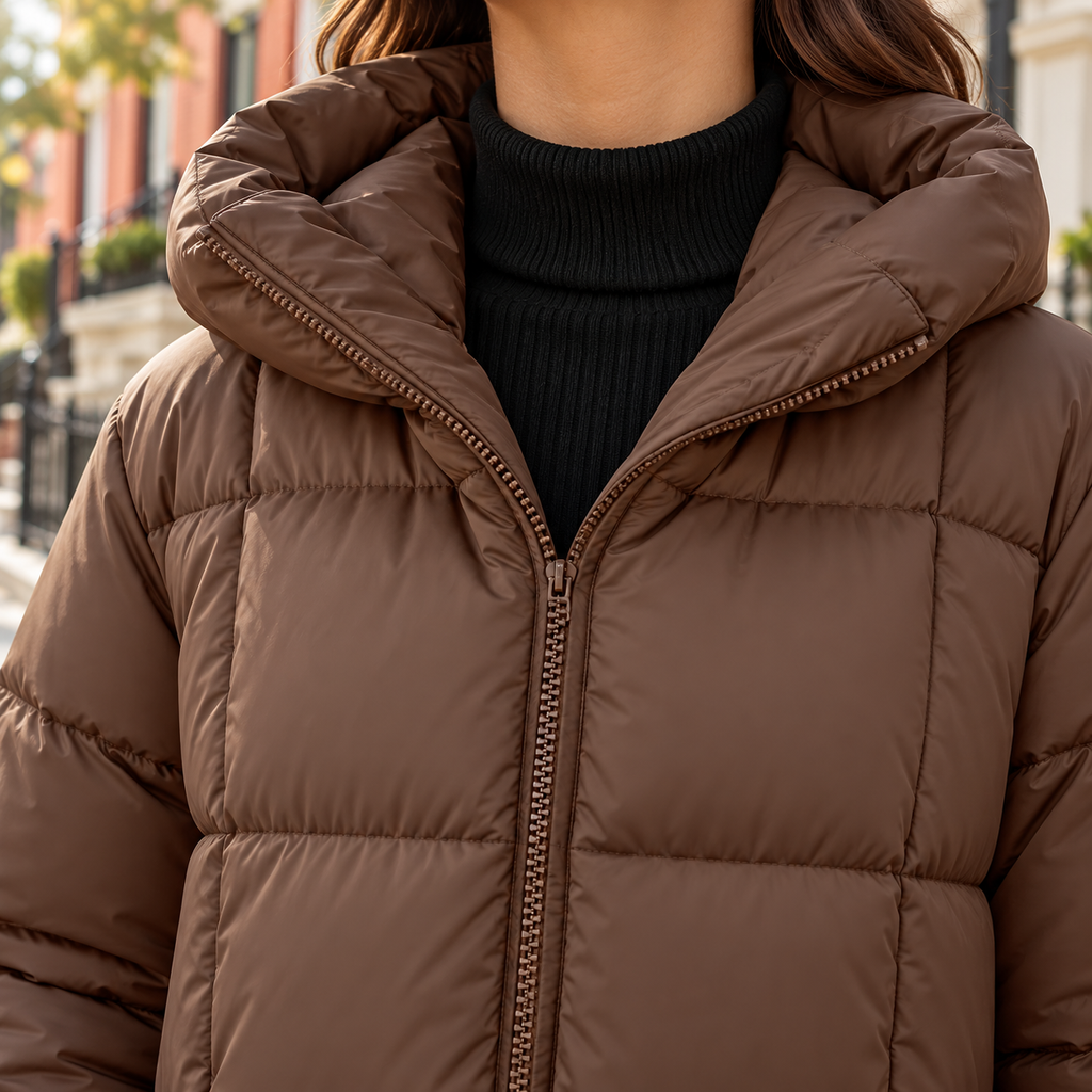 Close-up of the puffer jackets showing the collar and fabric texture.