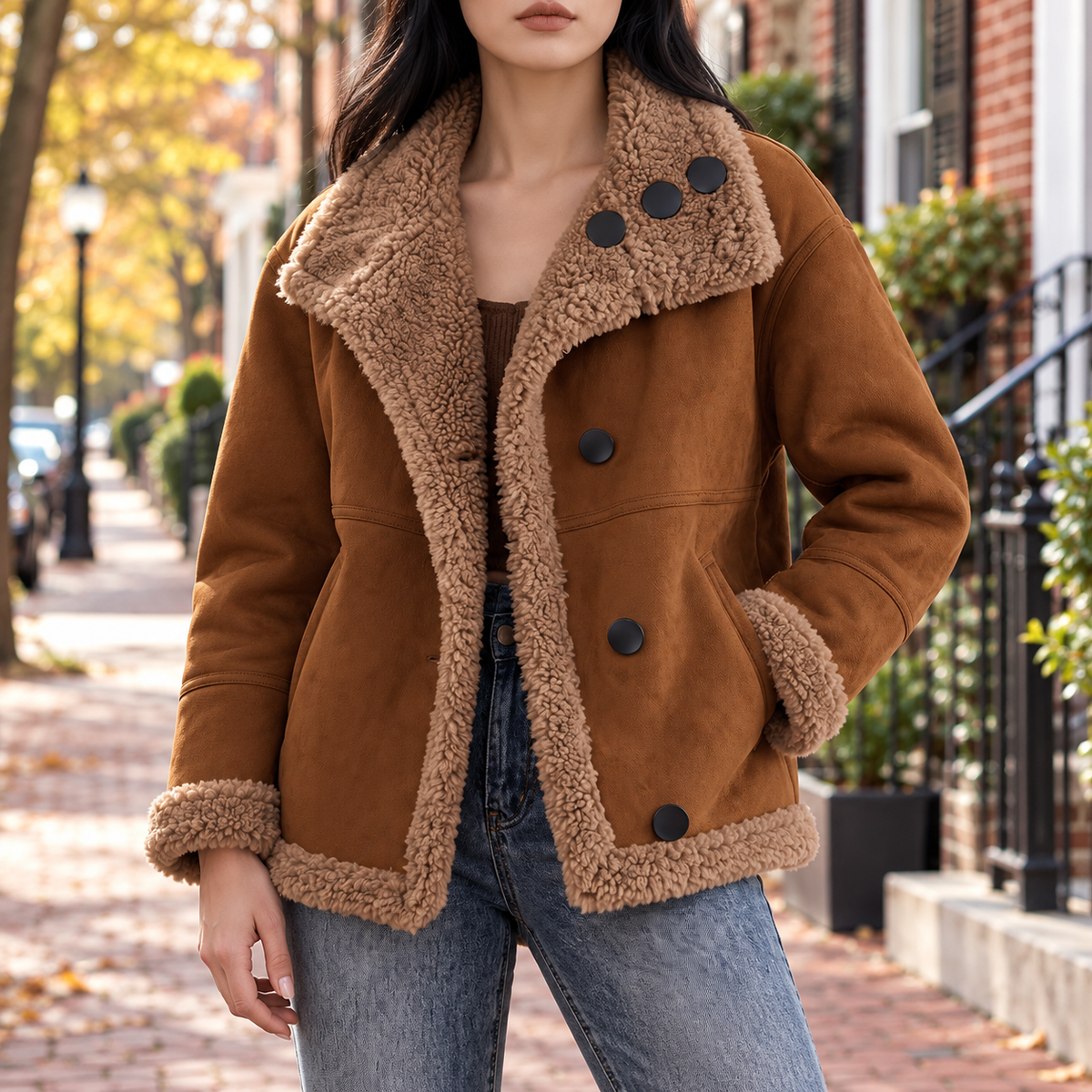Brown womens reversible shearling look jacket on a Washington DC street.