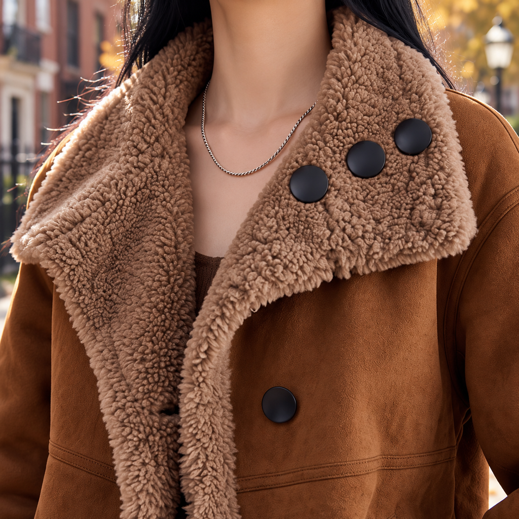 Close-up of brown plush collar and black buttons.