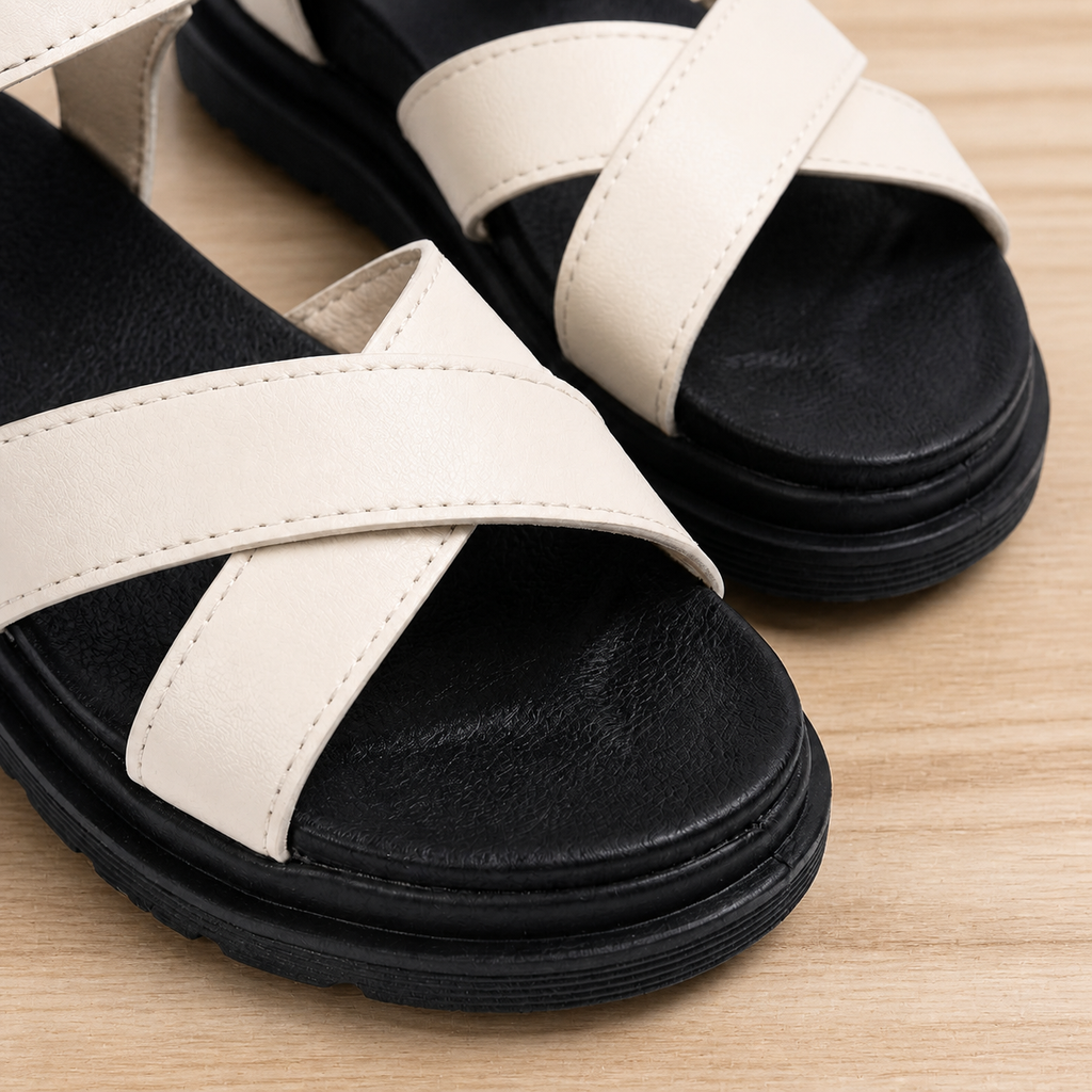White sandal straps and cushioned black footbeds shown close up.