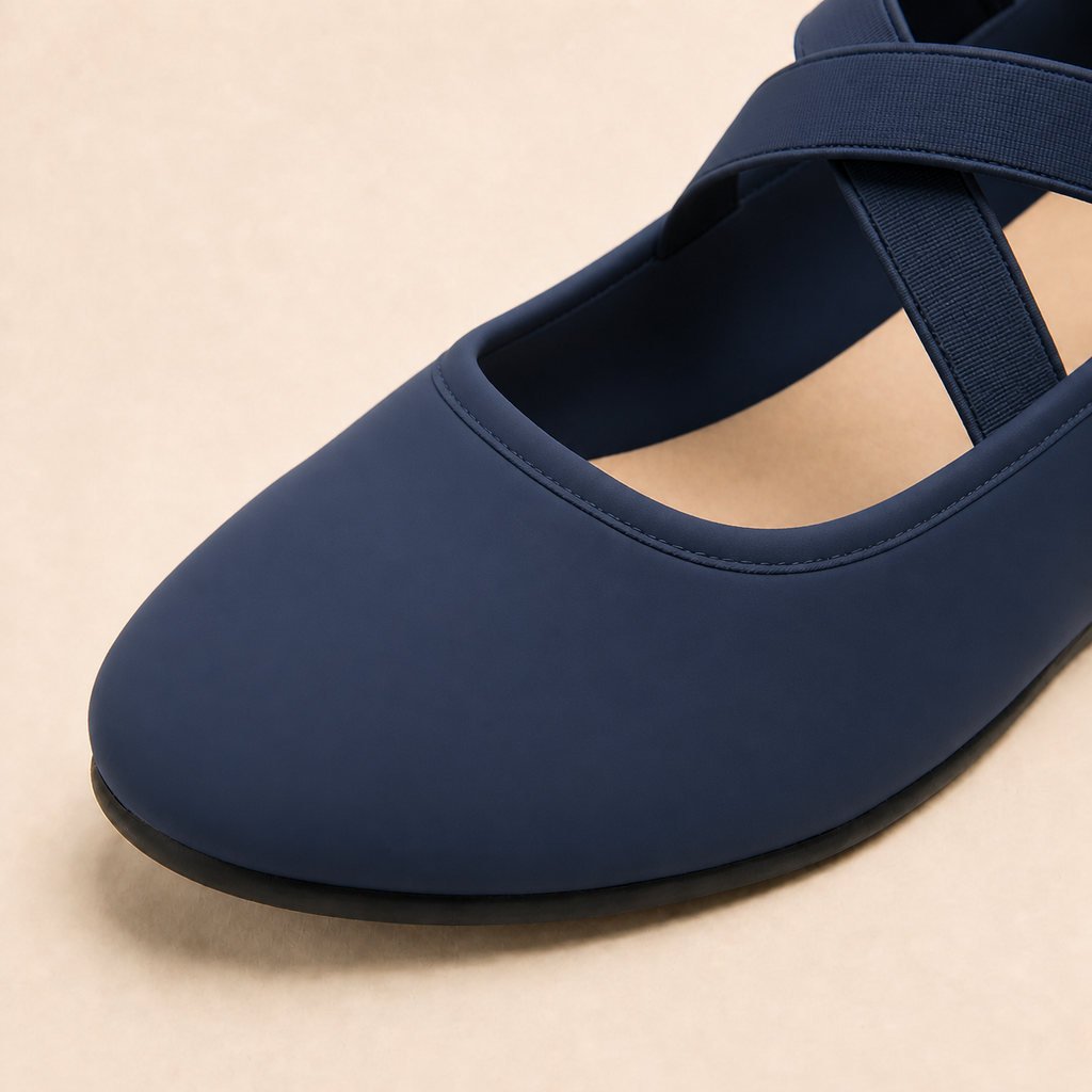 Close-up navy blue suede flat