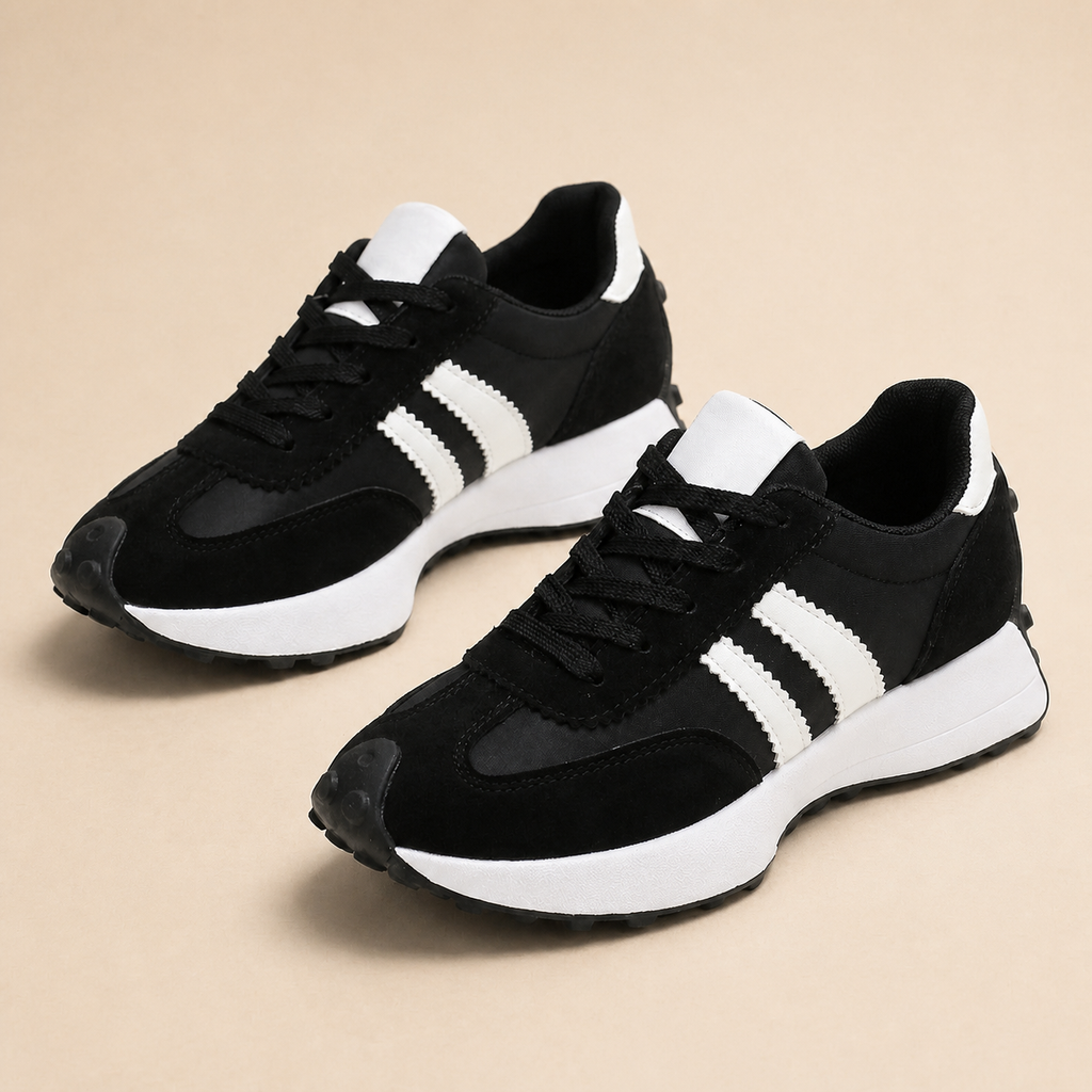 Black sneakers with white side stripes and white soles.