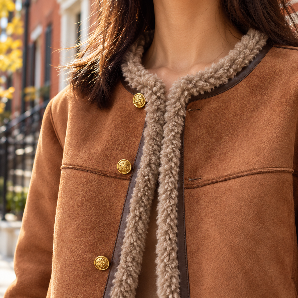 Close-up of the coats and jackets showing the collar and fabric texture.