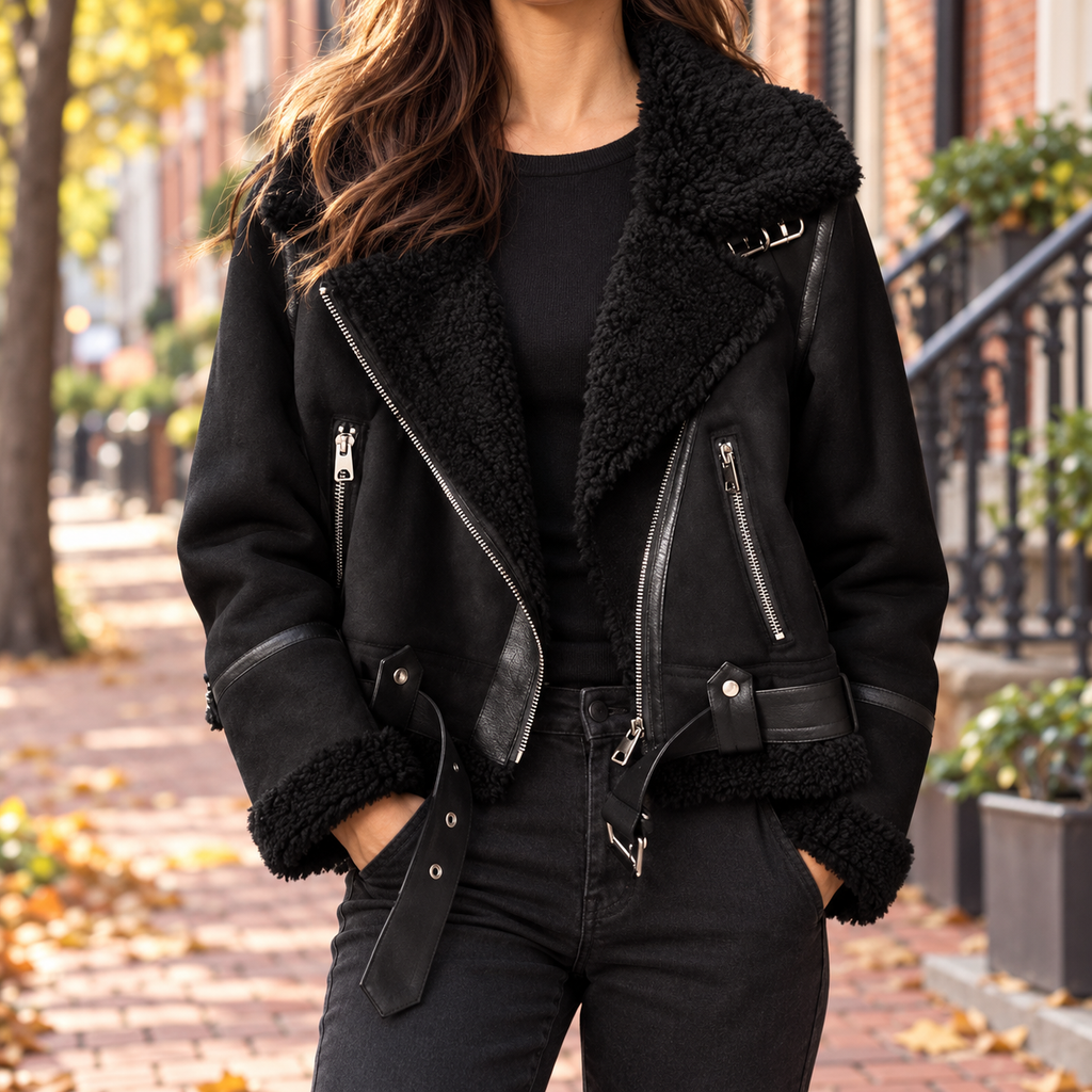 black womens suede look aviator jacket worn on a Georgetown street in Washington DC.