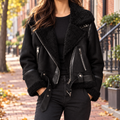 black womens suede look aviator jacket worn on a Georgetown street in Washington DC.