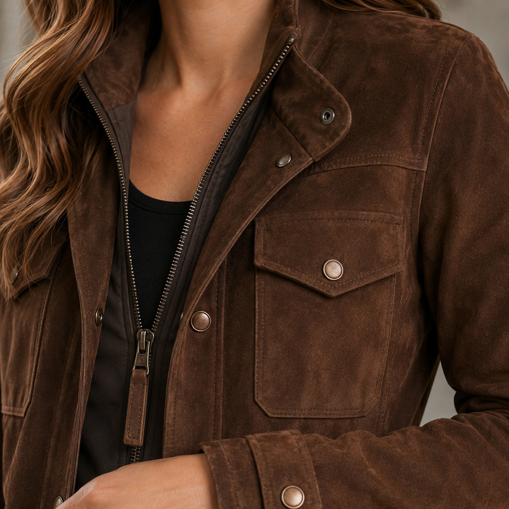 Close view of the brown suede utility jacket showing the collar, fastenings and chest pockets.