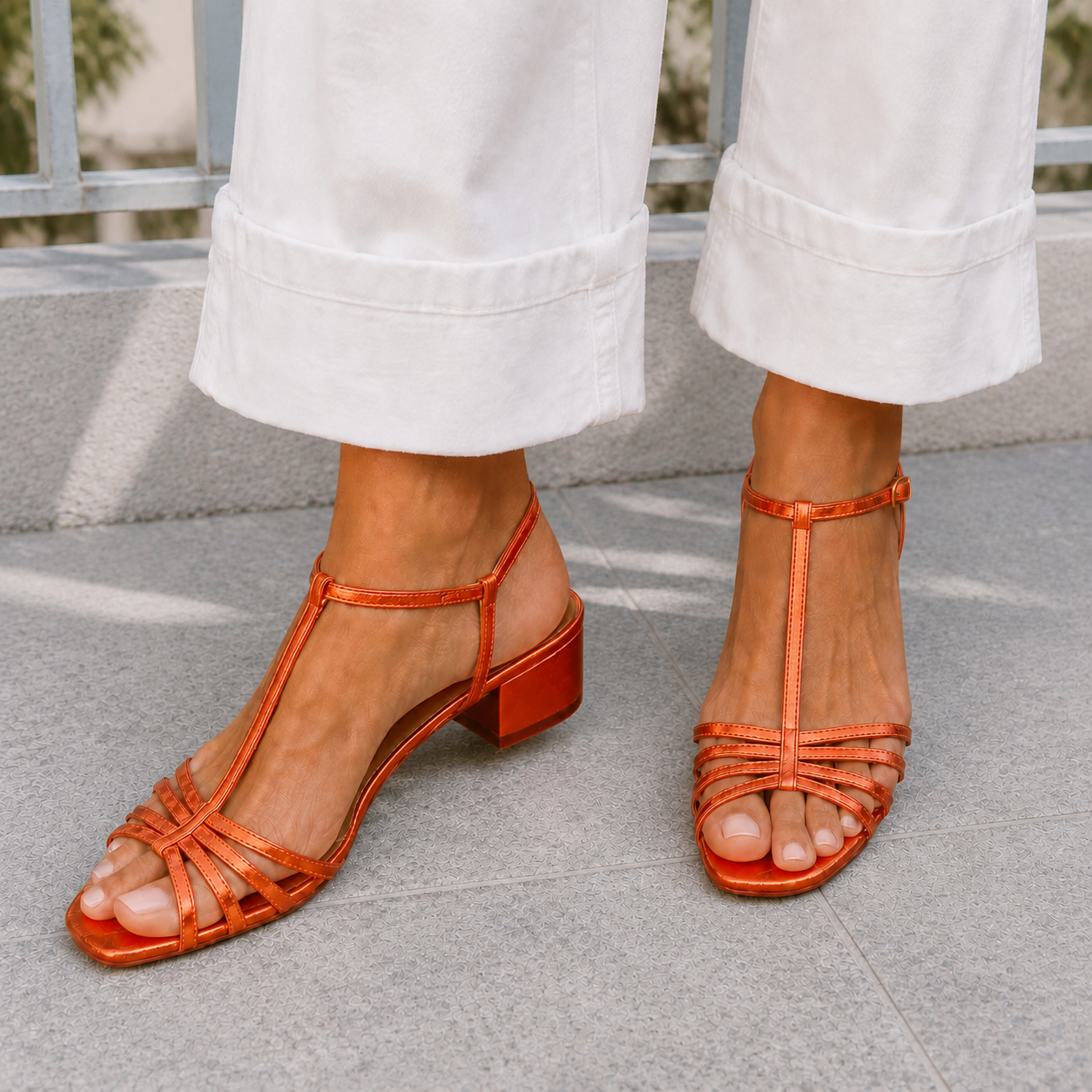 Orange metallic T-strap sandals worn under cropped white trousers