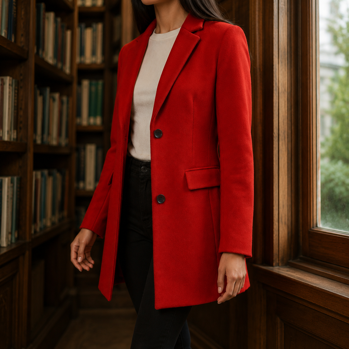 Alternate view of the red tailored jacket and its shaped cut.